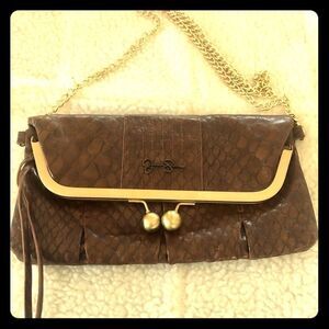 Jessica Simpson brown leather folding clutch bag.